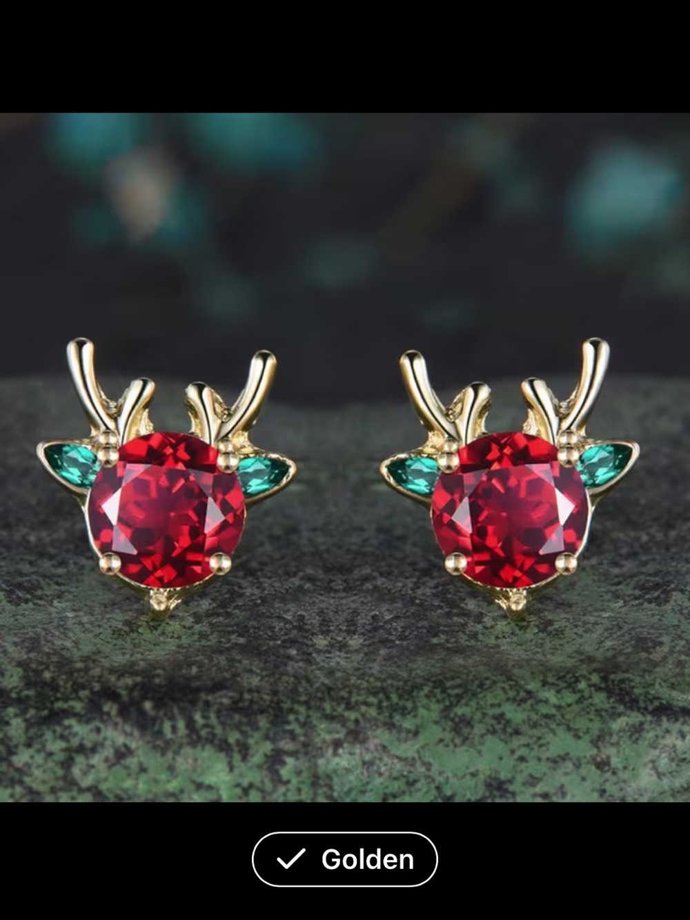 Golden Reindeer Stud Earrings with Red and Green Crystals new